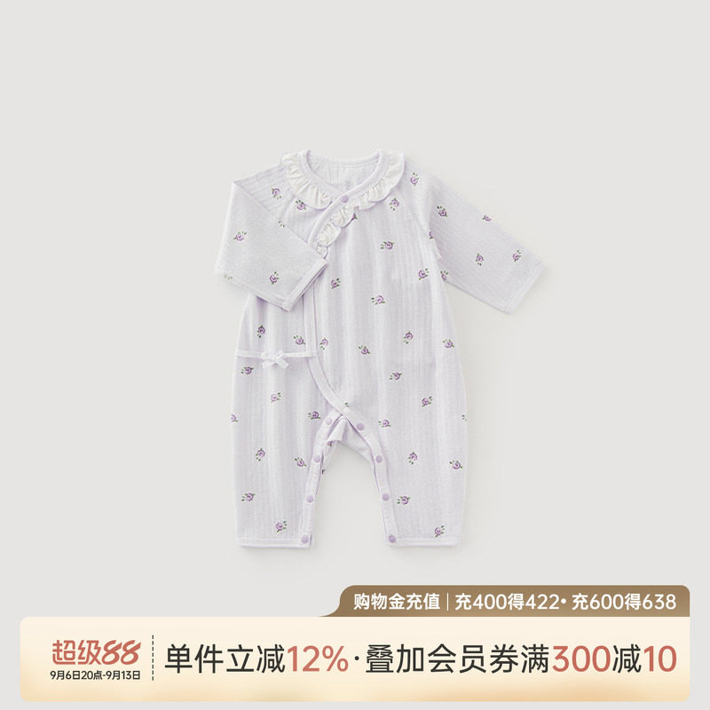 乖奇熊新生女宝宝长袖绑带连体衣图片