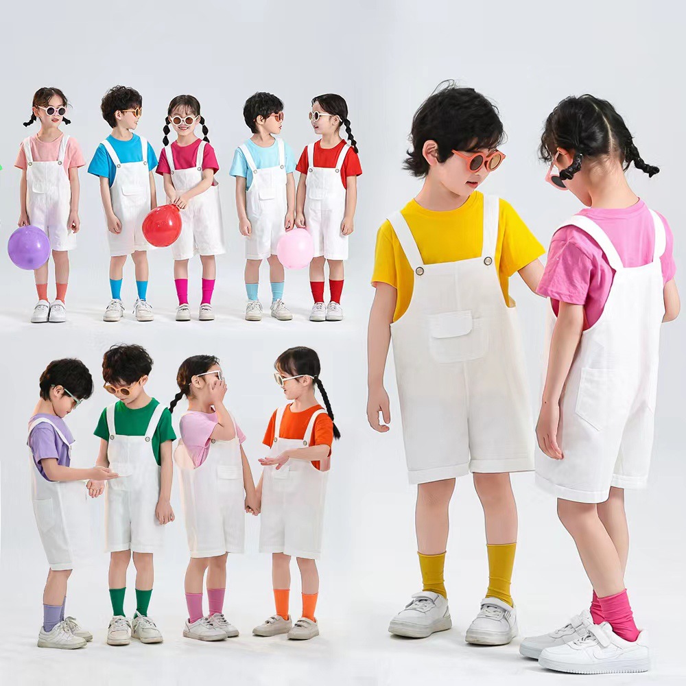 六一儿童背带短裤毕业照套装幼儿园小学生合唱服彩色跳跳糖演出服