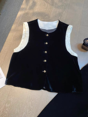 法式欧货高级感撞色花边黑色真丝丝绒马甲背心大码桑蚕丝坎肩外搭