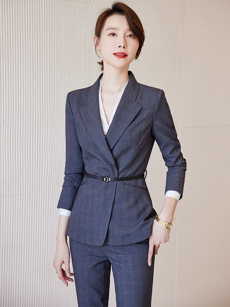 职业套装女西装两件套装高级感灰色格子西装职业女裤套装工作服