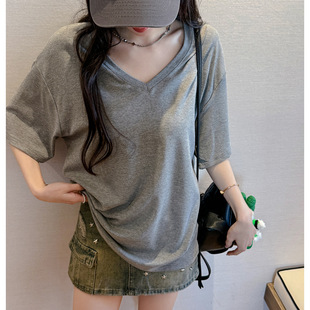 夏季 现货欧货大版 t恤女式 型宽松基础款 落肩2025V领上衣莫代尔 短袖