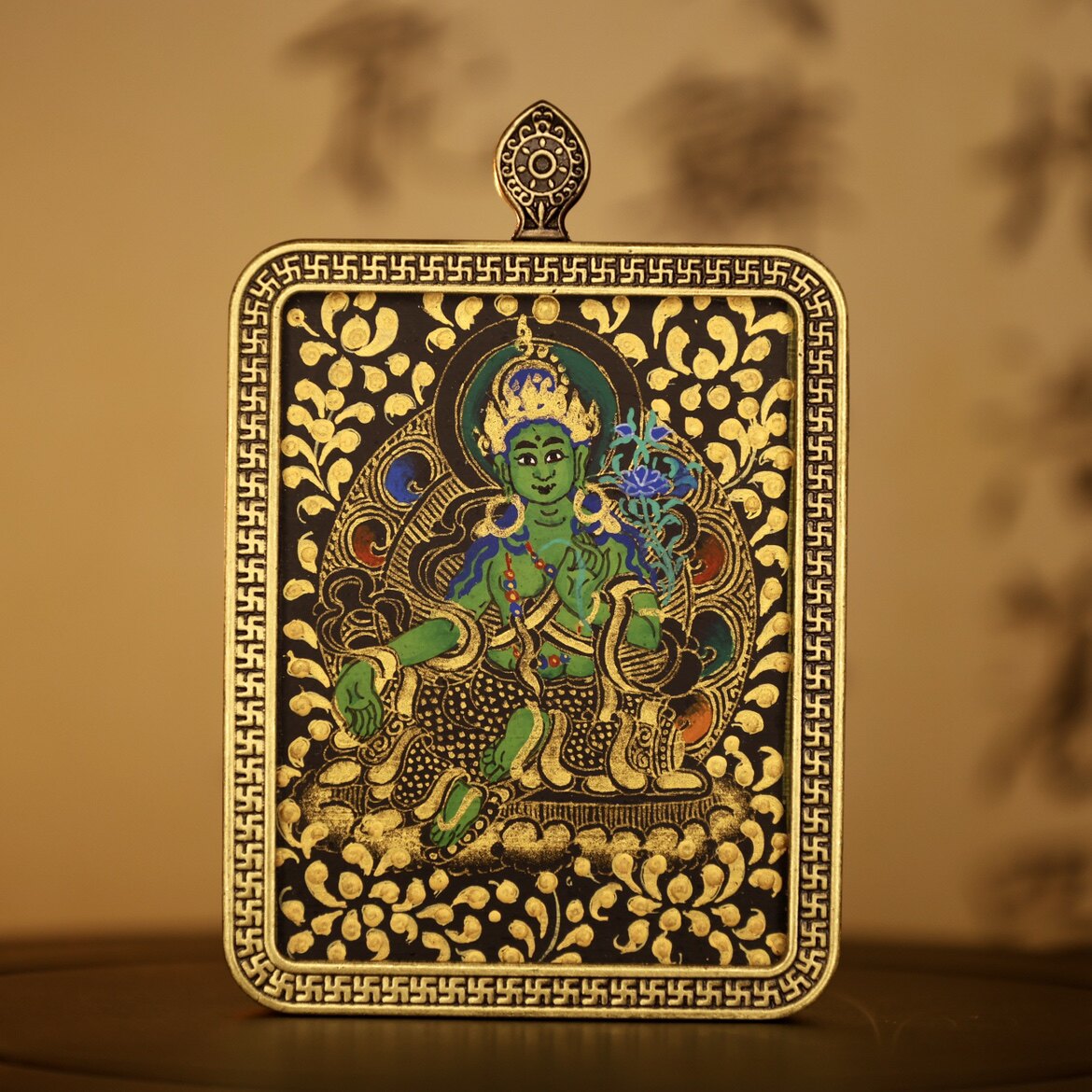 耀天文玩精品纯手绘黑金绿度母唐卡4*5cm吊坠