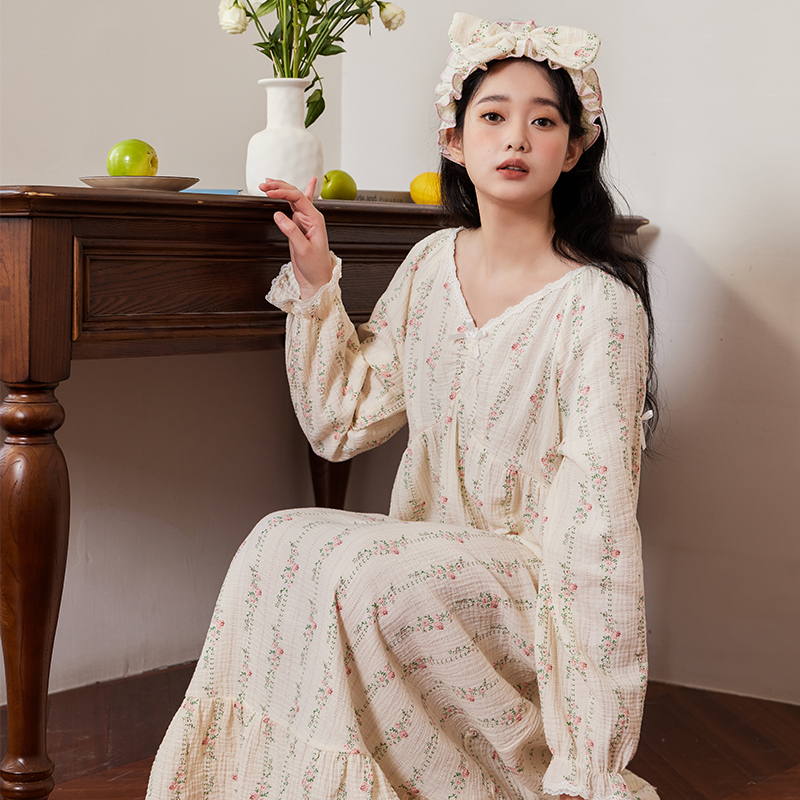 带胸垫 法式公主风纯棉睡裙女长袖复古碎花睡衣春季新款棉纱长裙