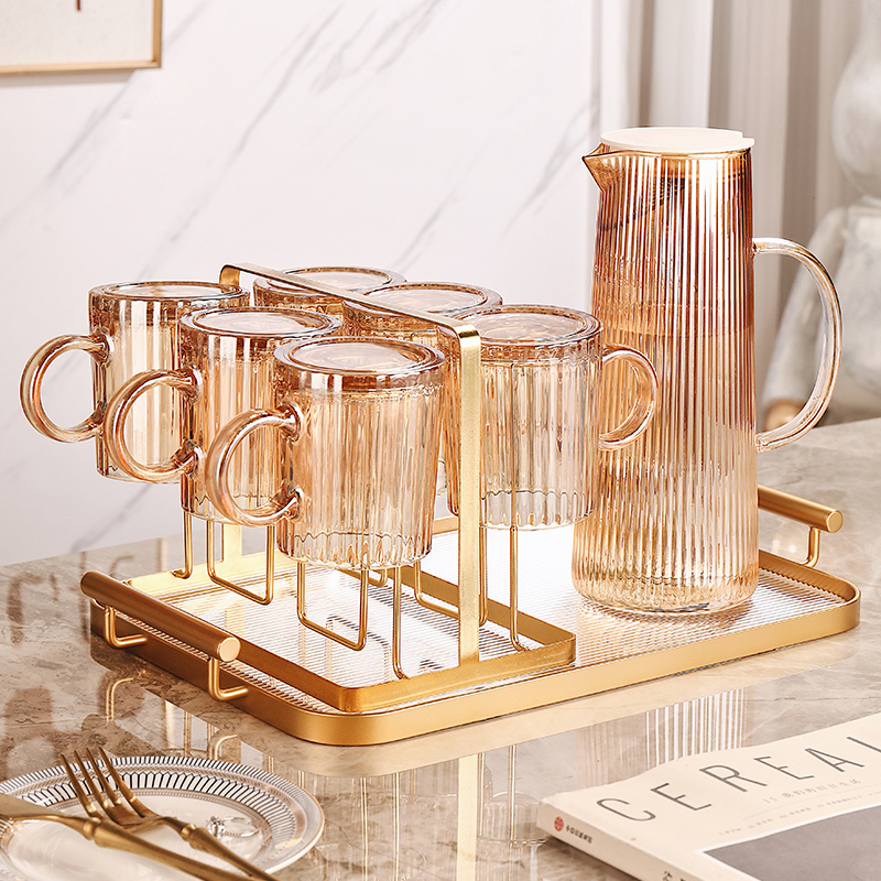 轻奢竖纹玻璃杯套装家用耐高温水杯客厅待客茶杯家庭喝水杯子杯架