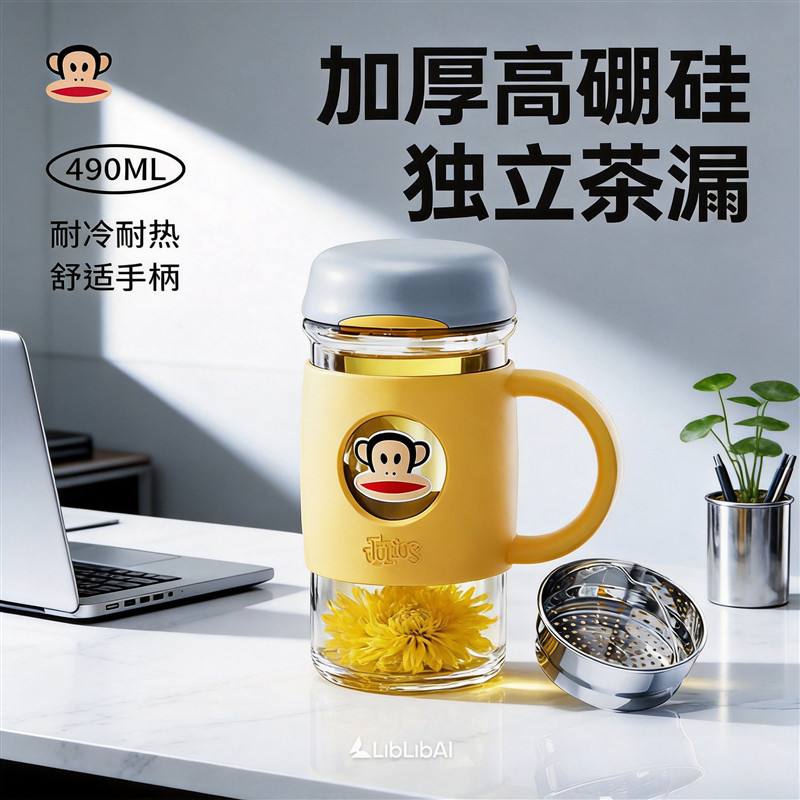 大嘴猴水杯女家用泡茶玻璃杯耐高温带把手大容量高档茶水分离茶杯