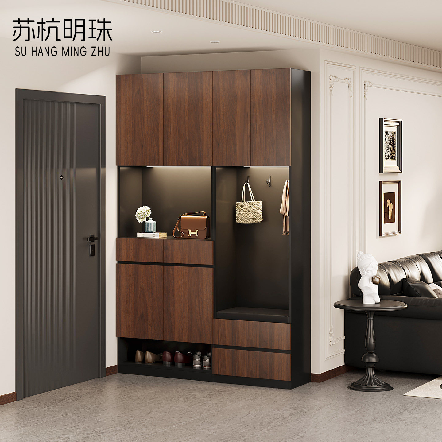 中古风带灯一体玄关鞋柜坐凳图片
