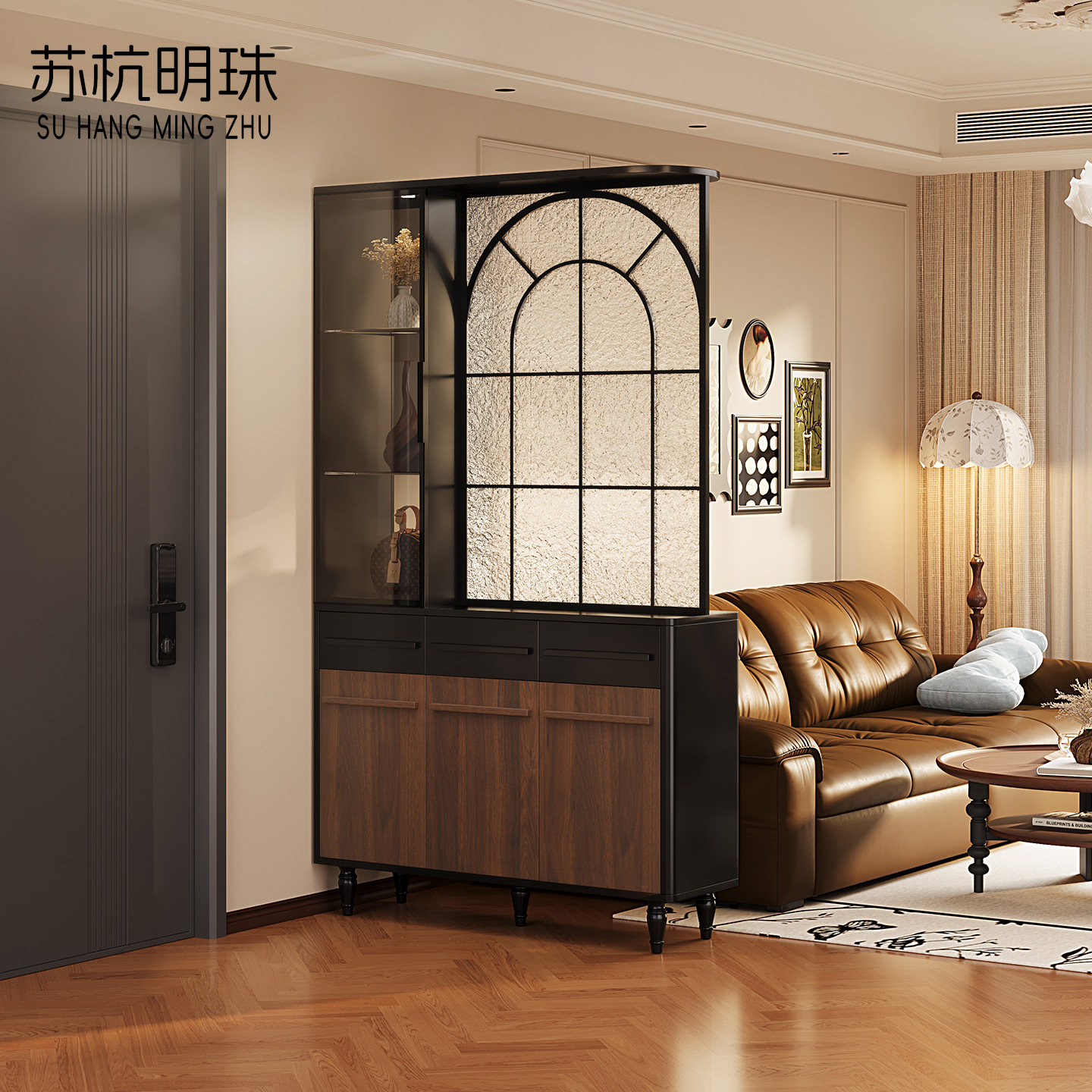玄关鞋柜一体中古风入户正对门靠墙屏风隔断进门客厅高级感屏风柜