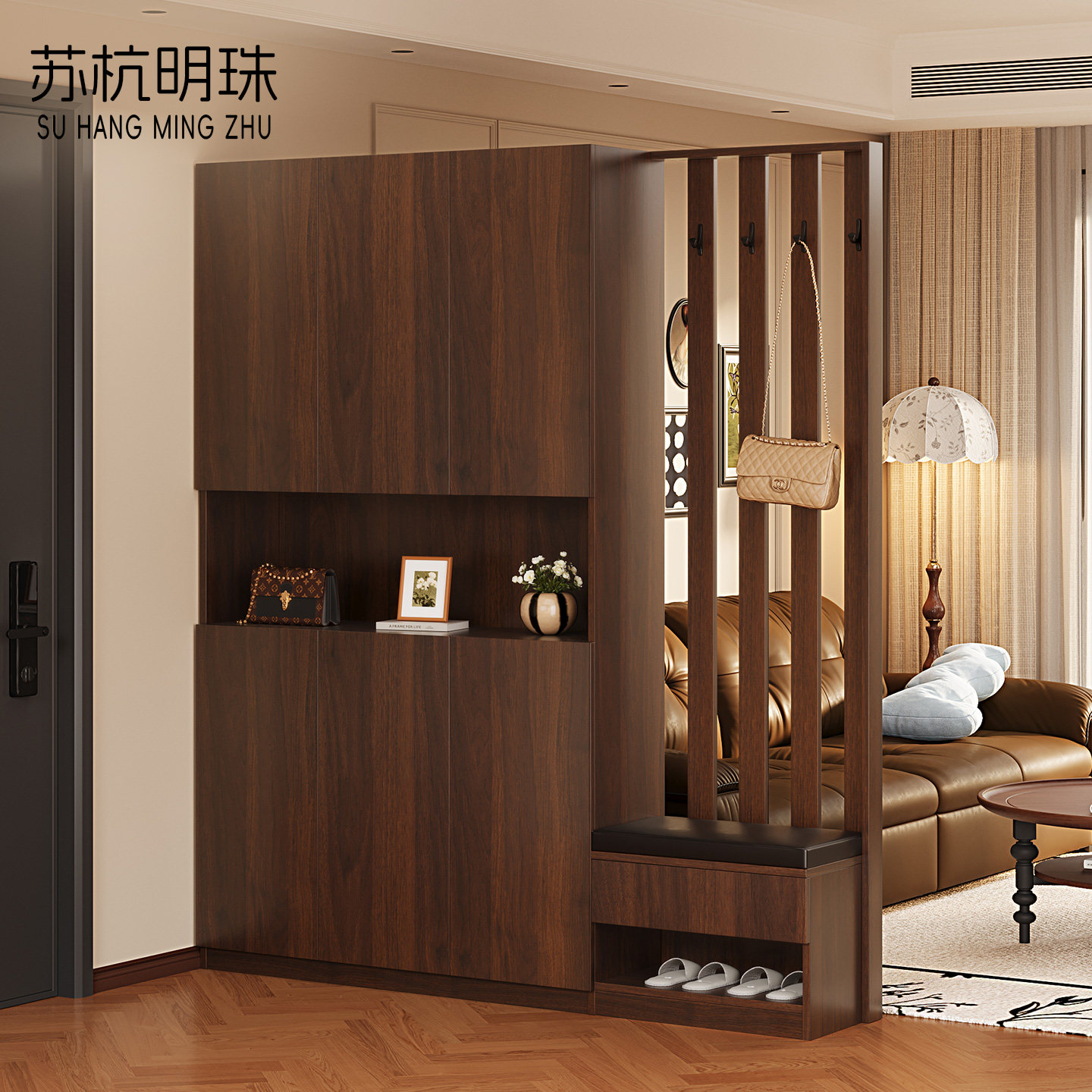 玄关柜隔断柜一体中古风入户家用鞋柜客厅新款实木进门玄关储物柜