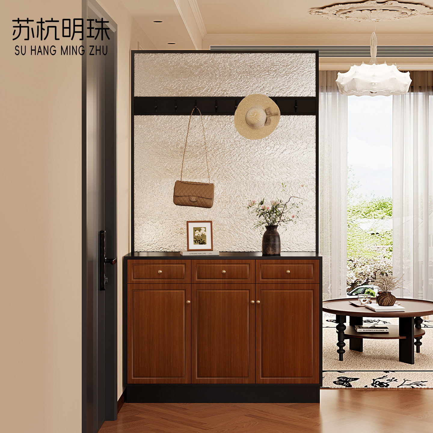 玄关柜入户正对门客厅双面屏风隔断新中式实木进门鞋柜衣帽架一体