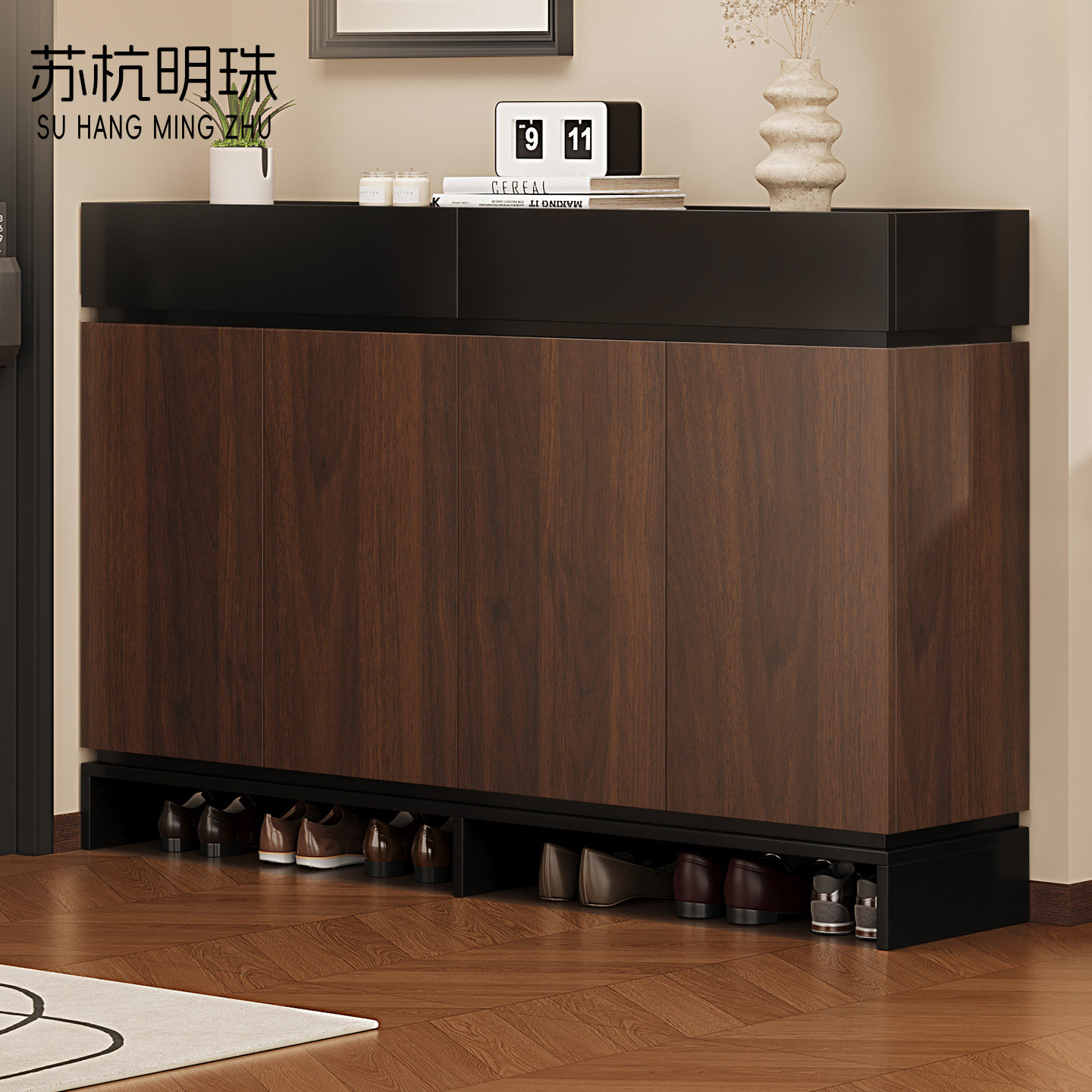 中古风入户门新款鞋柜靠墙大容量多层储物柜收纳柜胡桃木色可定制