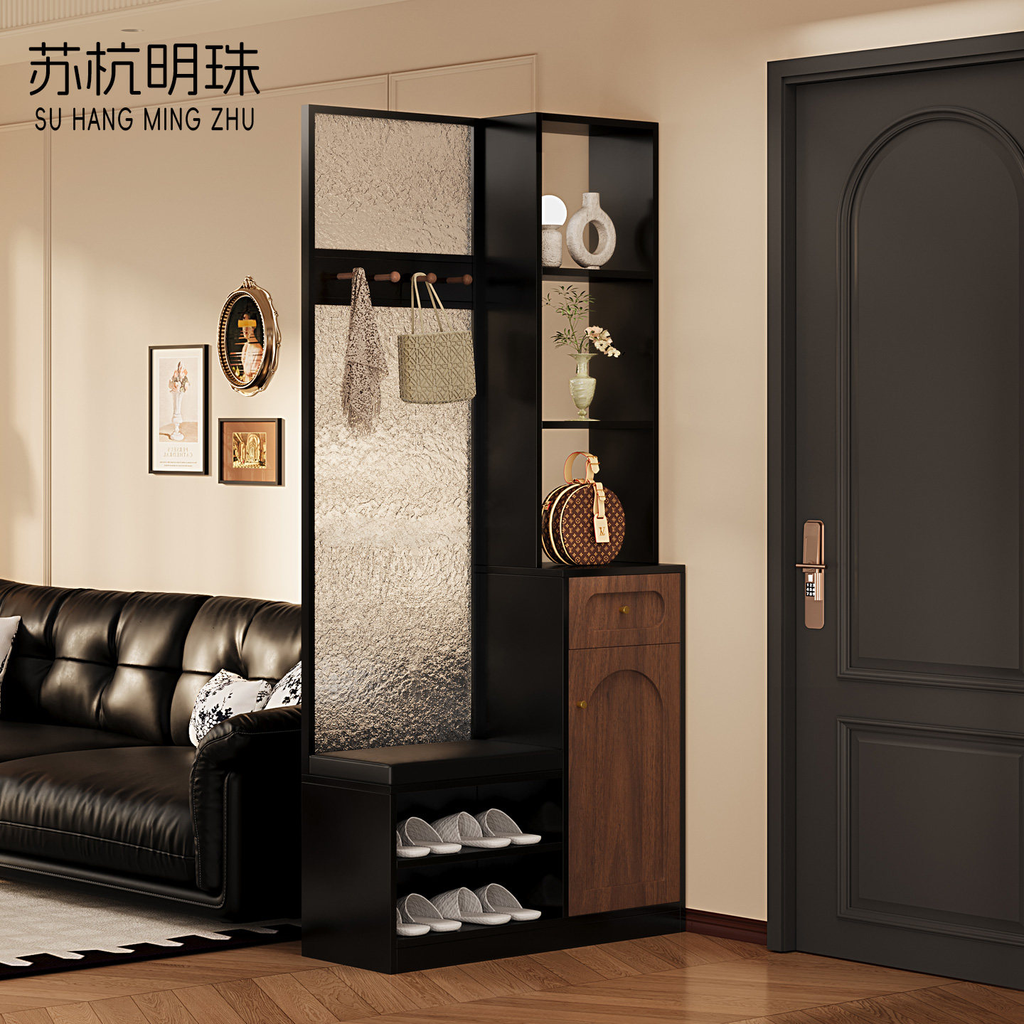 中古风入户门玄关柜鞋柜一体客厅隔断屏风实木进门换鞋凳衣帽架