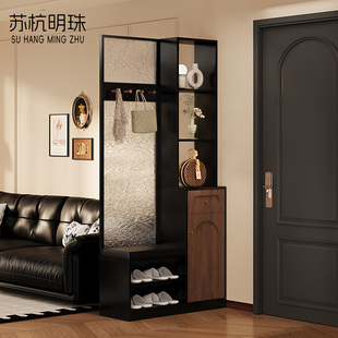 简约黑胡桃木中古风玻璃屏风换鞋凳鞋柜展示柜挂衣帽钩收纳柜家用
