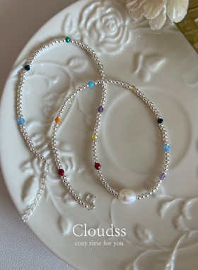 Cloudss「查理的彩虹糖」春夏ins风彩色串珠纯银锁骨链