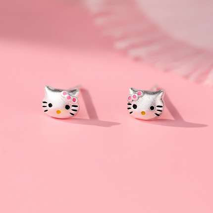 S999 Pure Silver Hello Kitty Cat Earrings for Girls, Cartoon Fun Earrings, Ear-Friendly, No Need to Remove for Sleeping, Children's Jewelry