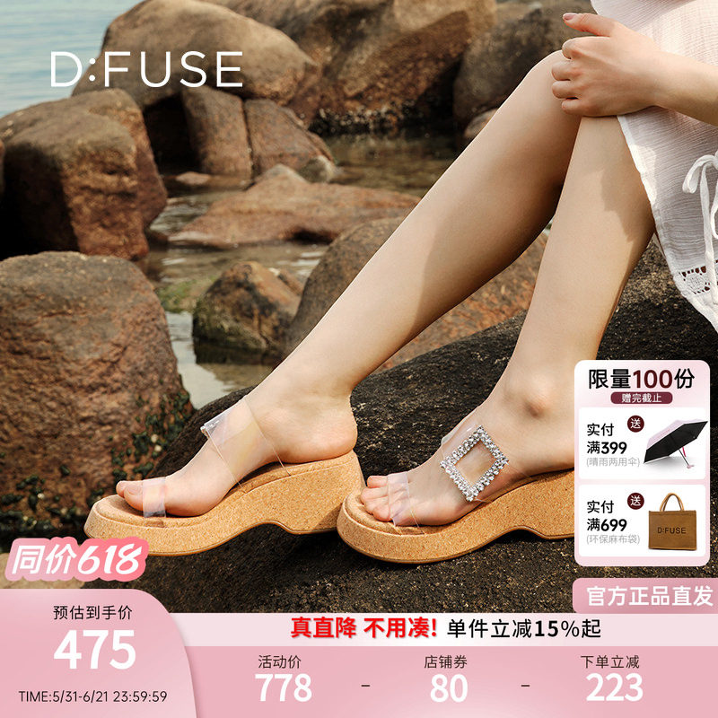 Dfuse迪芙斯夏季新款木纹拖鞋耀眼钻扣仙女风坡跟凉拖