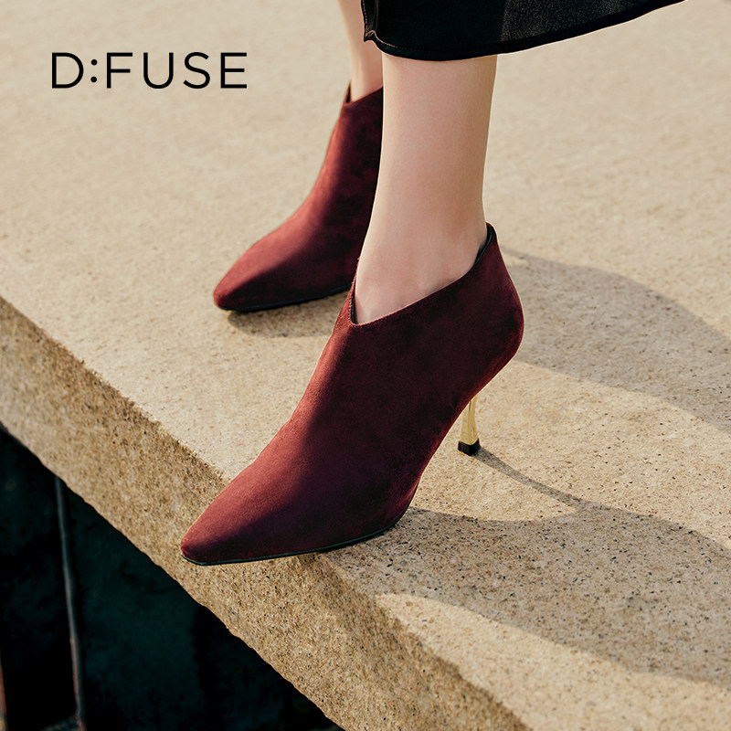 DFuse迪芙斯法式优雅高跟踝靴短靴女绒面细跟及踝靴子