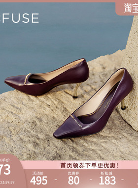 DFuse迪芙斯英伦复古风浅口高跟鞋女金属饰扣单鞋DF33111024