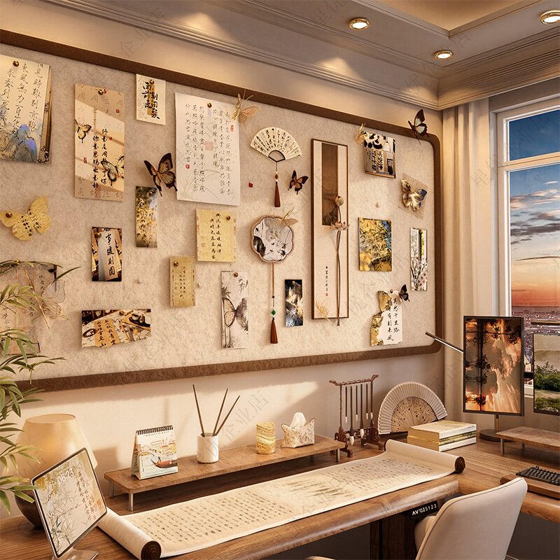 复古中式毛毡板照片墙背景板展示免打孔装饰创意书桌文化留言板