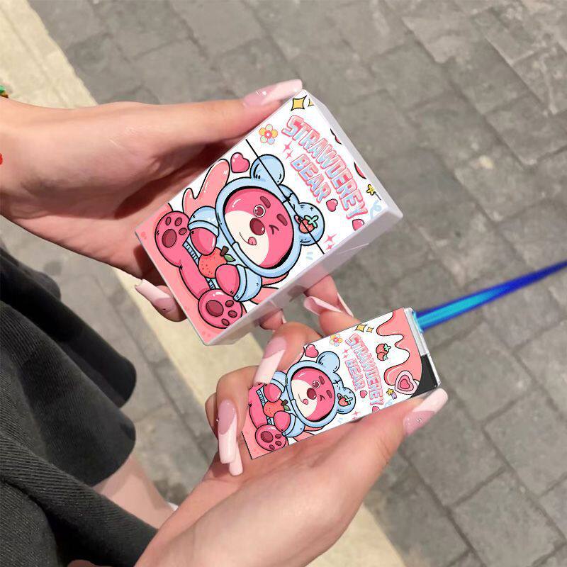 可爱卡通草莓熊打火机烟盒组合款防风蓝焰直冲20支装创意送男友潮