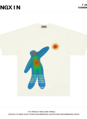 Gradient humanoid美式街头复古渐变T恤宽松情侣印花半袖潮牌上衣