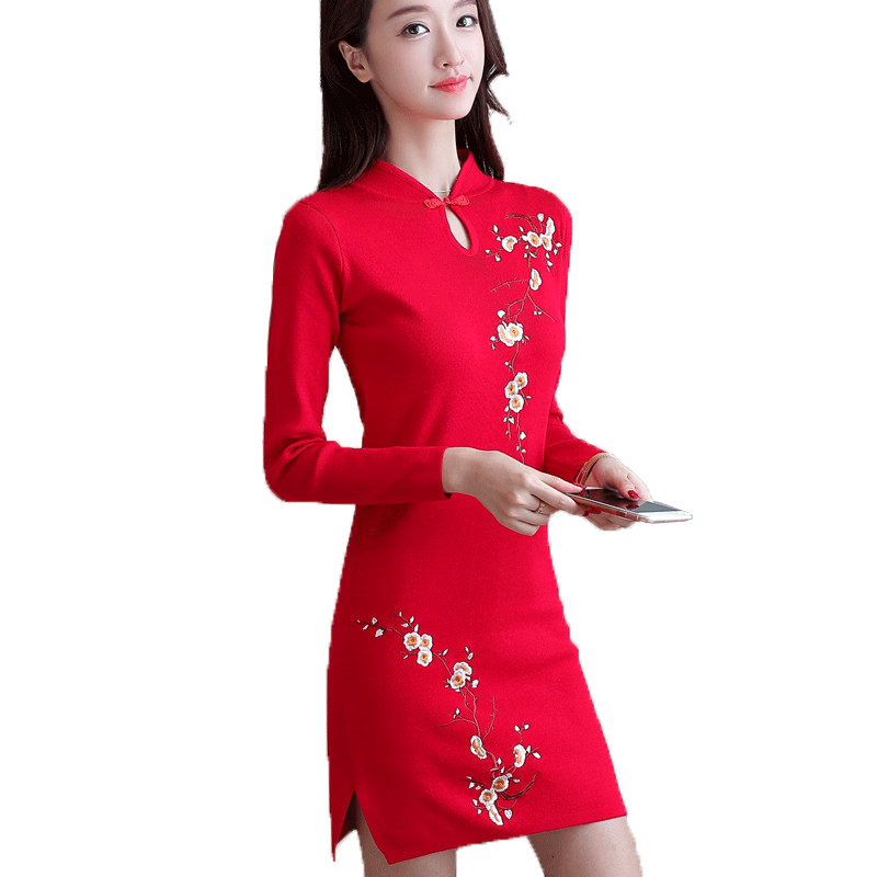 针织衫新款旗袍领修身毛衣女套头连衣裙中长款长袖绣花打底衫包邮