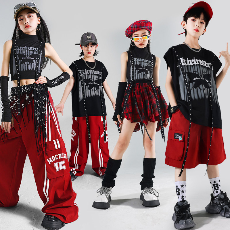儿童hiphop红色街舞演出服男童套装幼儿架子鼓服装女童爵士舞潮装
