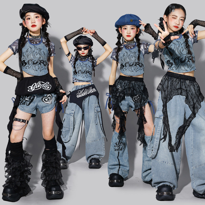 女童爵士舞服装上衣幼儿牛仔套装儿童街舞kpop演出服女孩衣服潮装