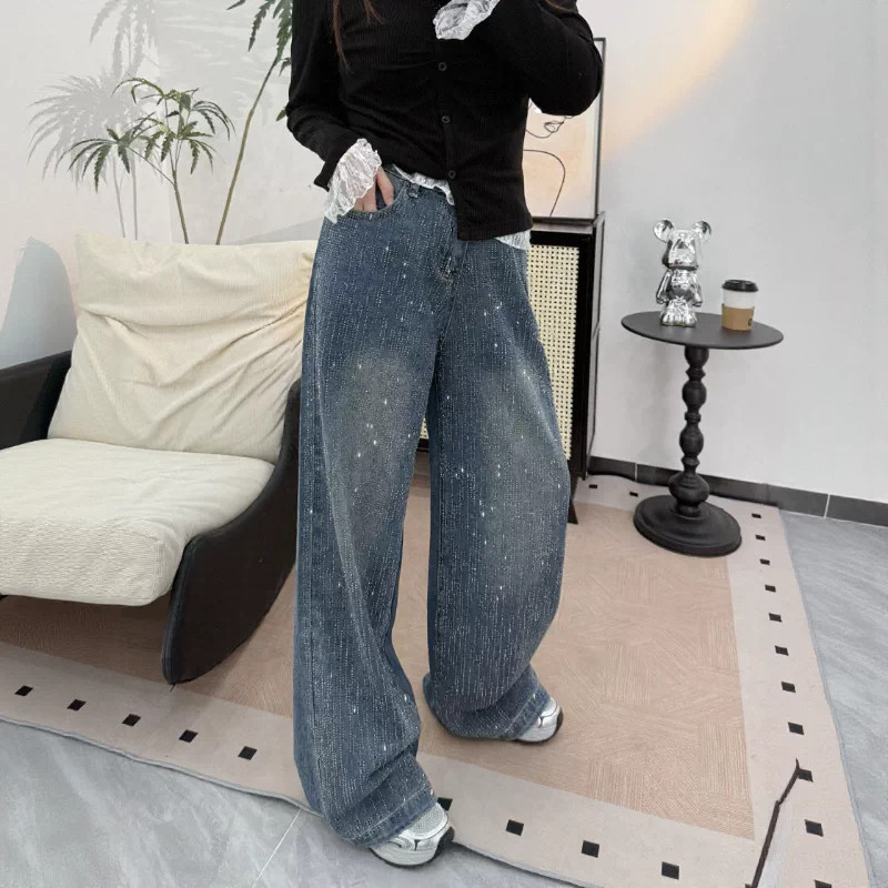爆闪碎钻满天星阔腿牛仔裤女宽松遮胯显瘦胖mm高腰遮肚藏肉拖地裤