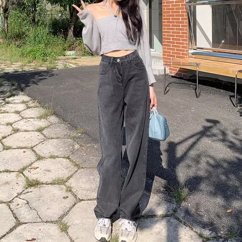 遮胯显瘦黑灰色直筒阔腿牛仔裤