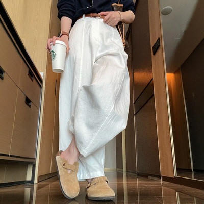 夏季高腰垂感宽松九分棉麻女裤
