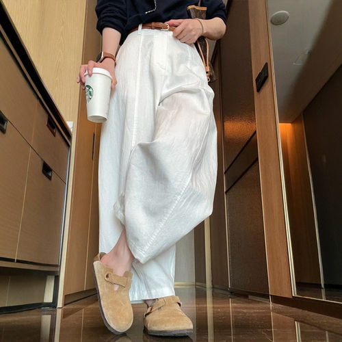 夏季高腰垂感宽松九分棉麻女裤