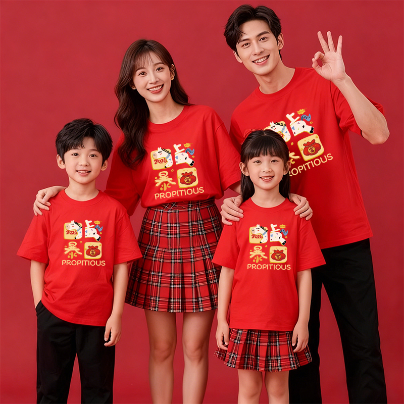 亲子装红色短袖马年新款
