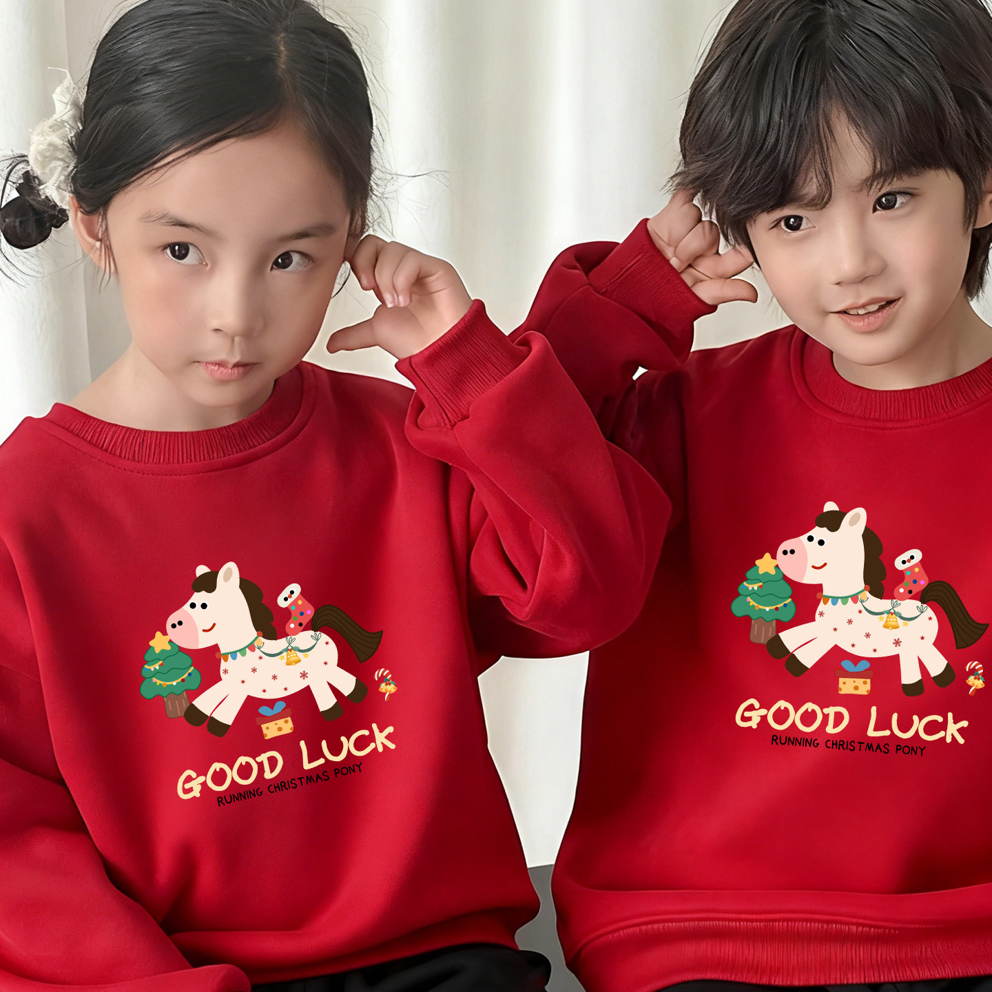 2026新款秋冬款儿童加绒卫衣圣诞卡通小马炸街男童女童高级姐弟装