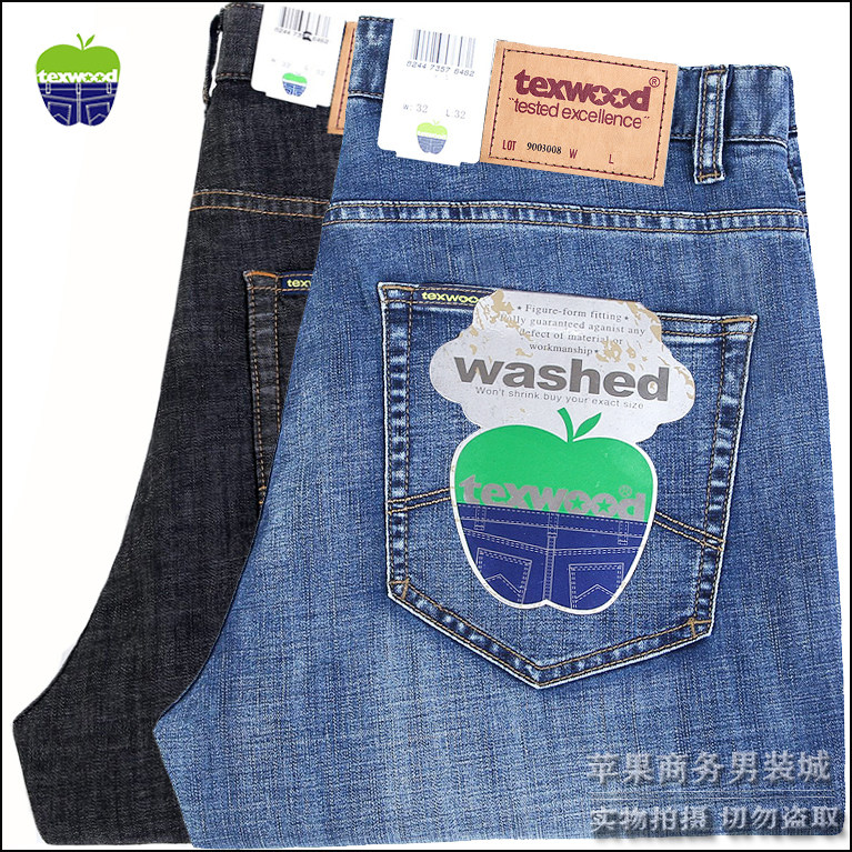 美国texwood/苹果牛仔裤男纯黑色薄厚正品宽松直筒弹力中年男裤子