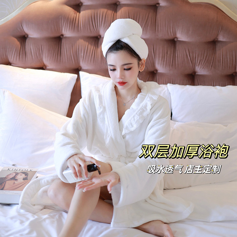 韩国浴袍长款春秋冬浴衣双层加厚敲吸水速干加厚睡袍家居服,女士内衣/男士内衣/家居服,睡袍/浴袍,淘宝优惠券,粉丝福利购,淘宝优惠卷