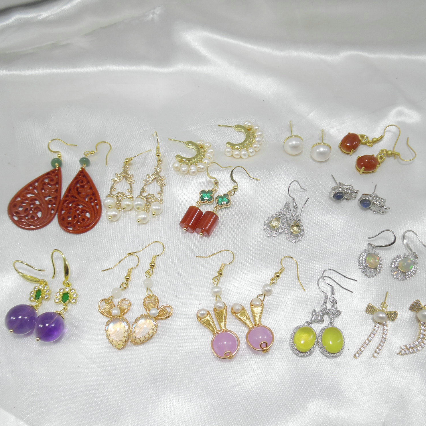 天然石玛瑙珍珠耳钉原创设计紫水晶花朵蜜蜡血珀耳环耳饰品513002