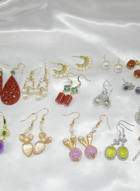 天然石玛瑙珍珠耳钉原创设计紫水晶花朵蜜蜡血珀耳环耳饰品513002