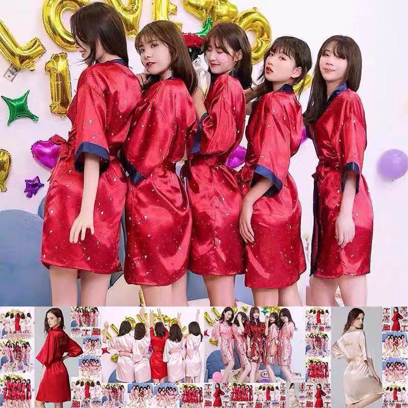 睡袍女夏冰丝睡衣趴新娘晨袍丝绸闺蜜派对薄款婚礼伴娘团结婚浴袍