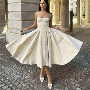 纯欲风高腰修身抹胸吊带长裙收腰褶皱大裙摆A字裙法式连衣裙夏季