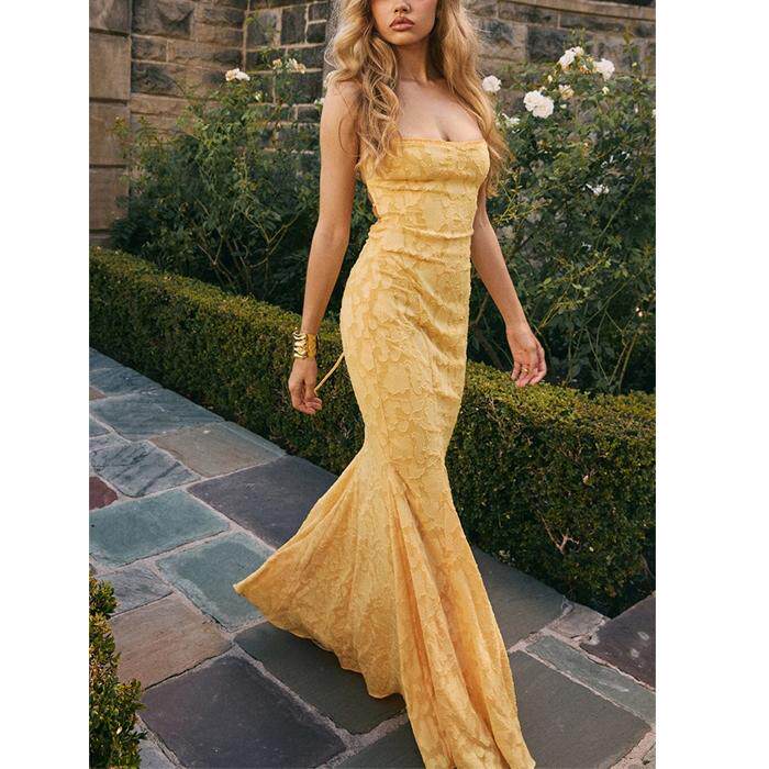 性感修身显身材露背绑带长款拖地吊带鱼尾裙海岛度假风绝美连衣裙