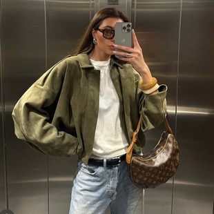 女2025早秋美式复古宽松休闲仿麂皮绒短款外套显瘦飞行员夹克上衣