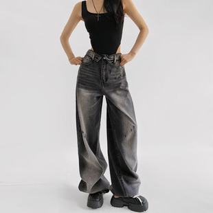 翻折腰卷边磨破做旧嘻哈街舞休闲宽松阔腿裤宽松直筒裤牛仔长裤女