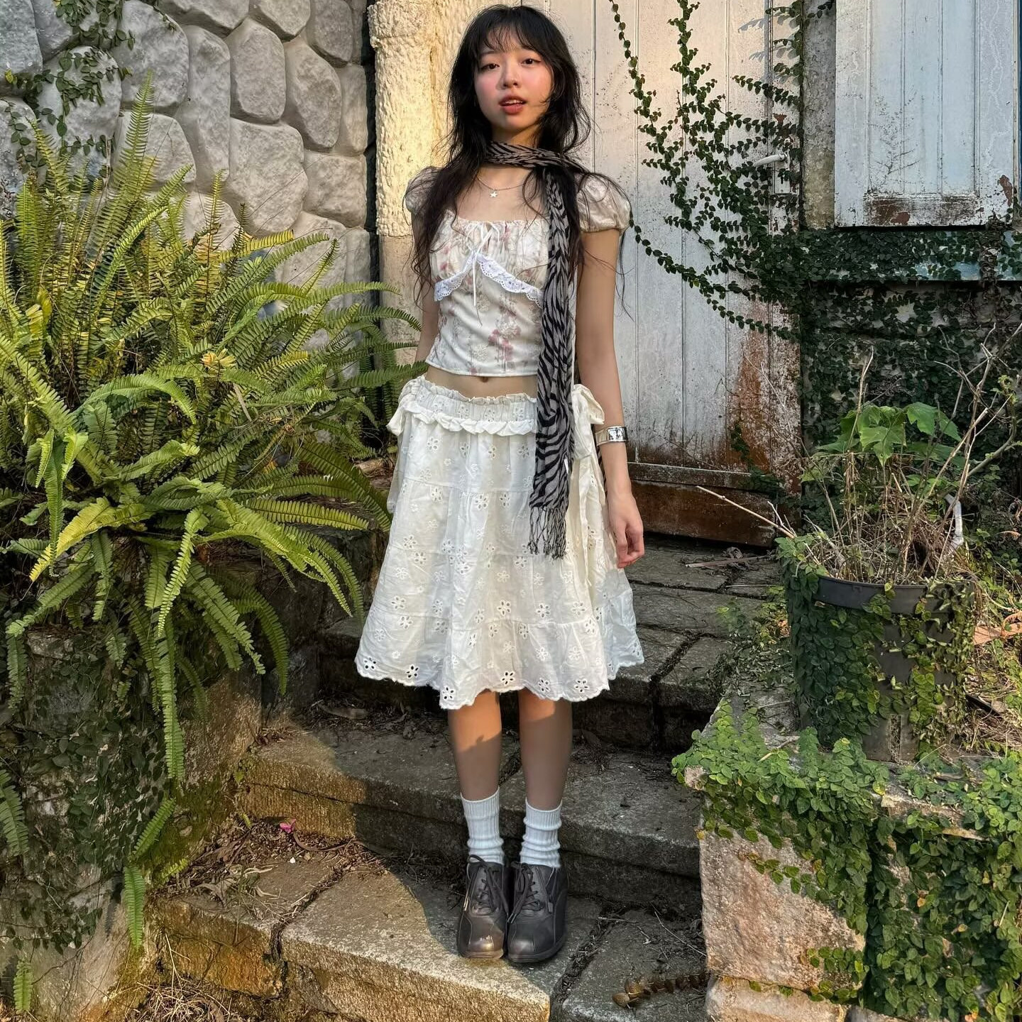 系带蝴蝶结白色绣花半身裙中裙女