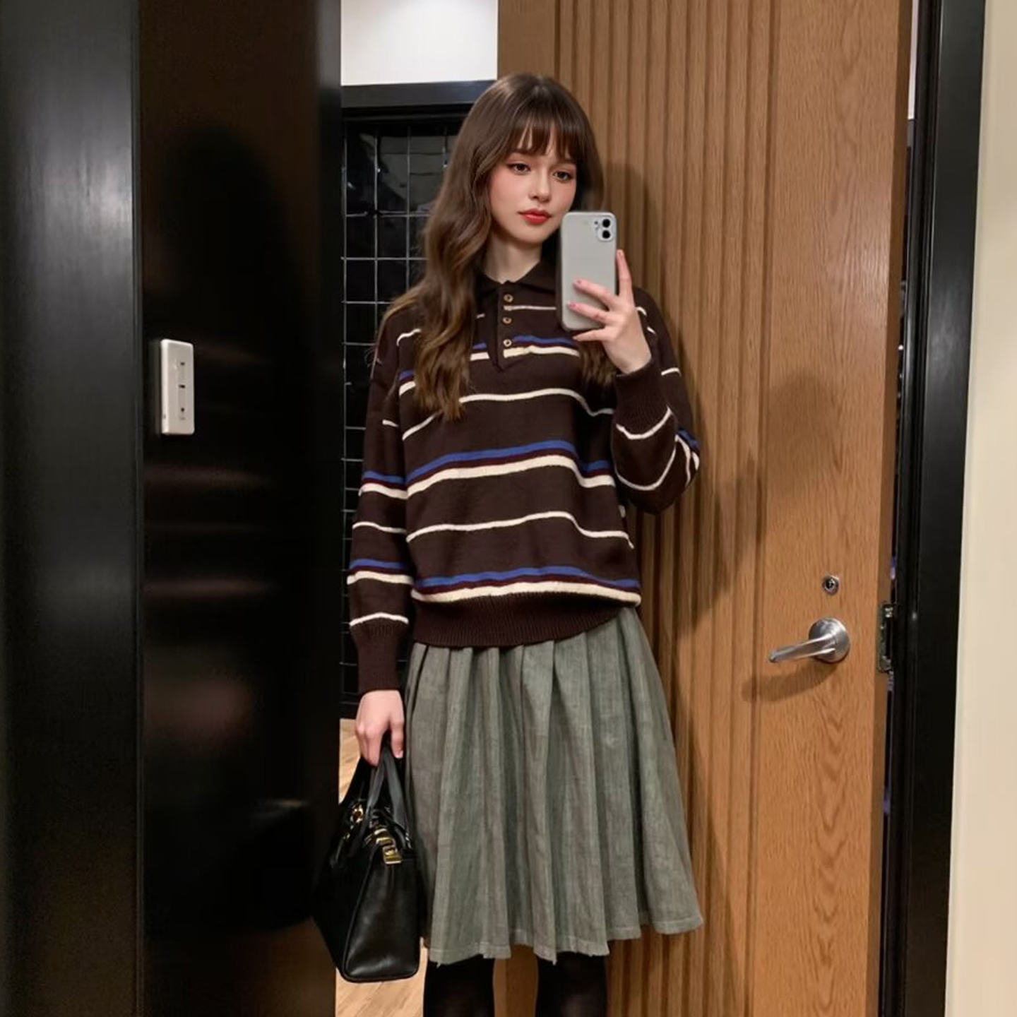 撞色条纹POLO领毛衣宽松上衣女秋