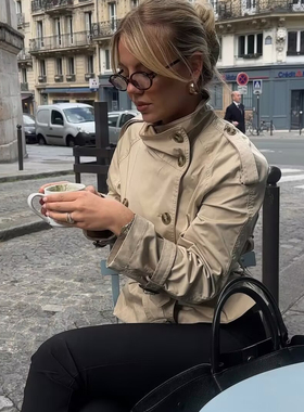 欧美风卡其色短款收腰系带风衣外套女2025秋新款百搭长袖薄款上衣