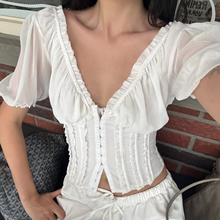 法式辣妹度假风V领蕾丝花边灯笼袖深V领收腰修身衬衫女夏设计师款
