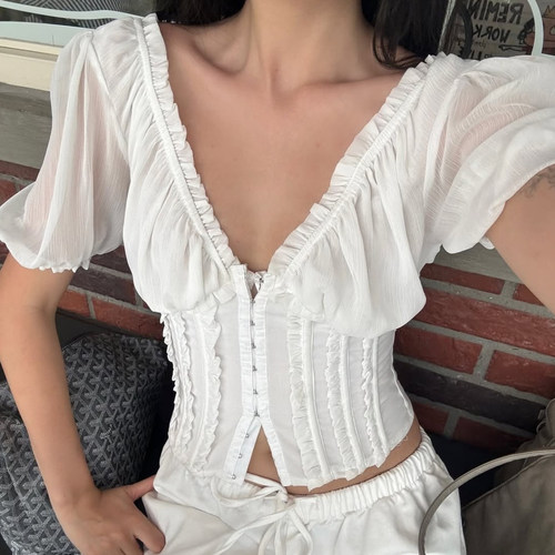 V领蕾丝灯笼袖深V领收腰修身衬衫