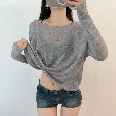 大露背长袖短款宽松显瘦T恤上衣