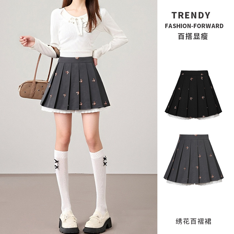 乡美媚蝴蝶刺绣百褶裙女高腰显瘦A字短裙百搭气质防走光半身裙
