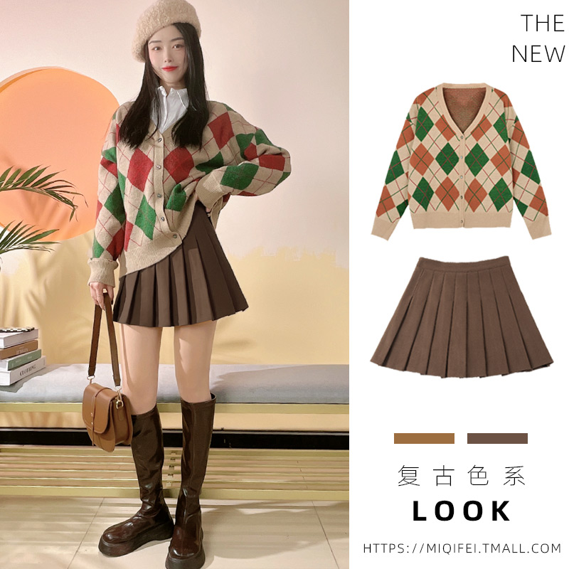 百褶裙秋冬2022新款棕色高腰毛呢